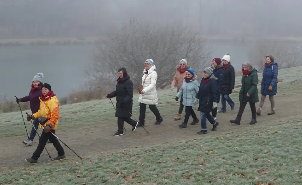 Eine Gruppe von Frauen in warmer Kleidung, die beim Walking-Treff auf einem Pfad in einer nebeligen Landschaft mit Wanderstöcken spazieren geht.
